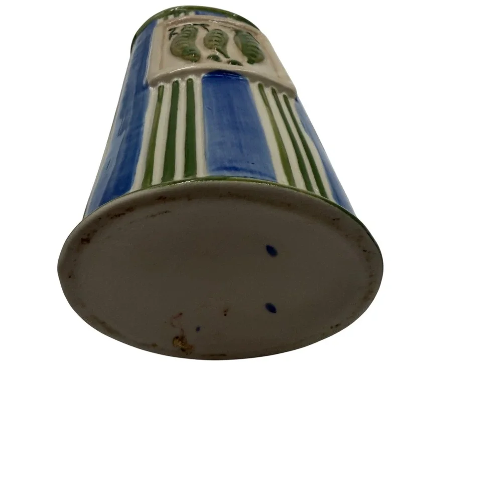 Vtg. Hand Painted Striped Ceramic Pasta Canister with Pea Pod Relief Blue Green